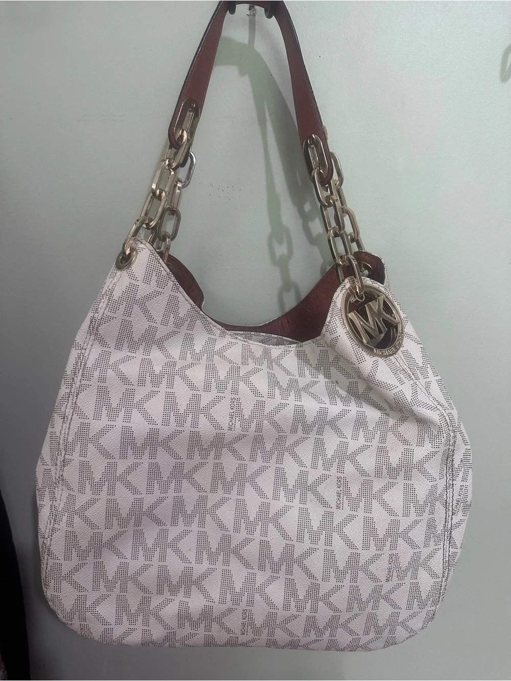 Michael Kors White and Brown MK Logo Shoulder Hobo